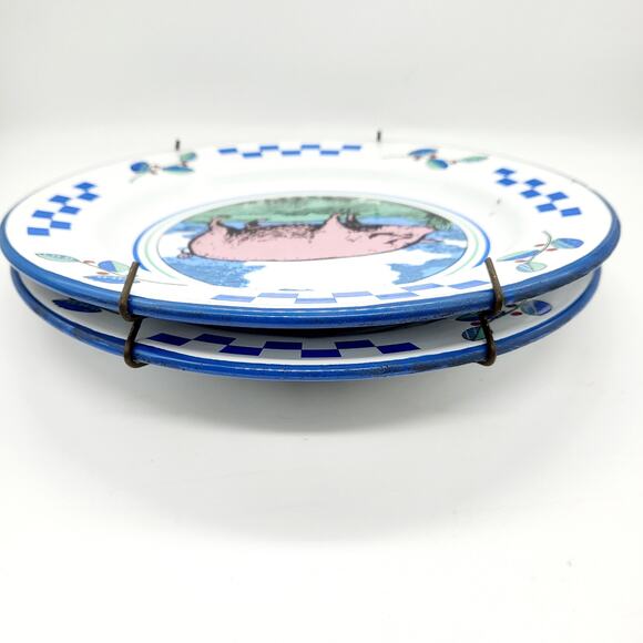Vtg Midwest Importers Barnyard Animals Enamel Pig Checkered Display Metal Plates - Picture 6 of 11
